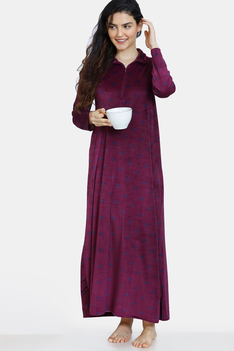 Zivame Velour Knit Poly Full Length Nightdress - Potent Purple — image 4